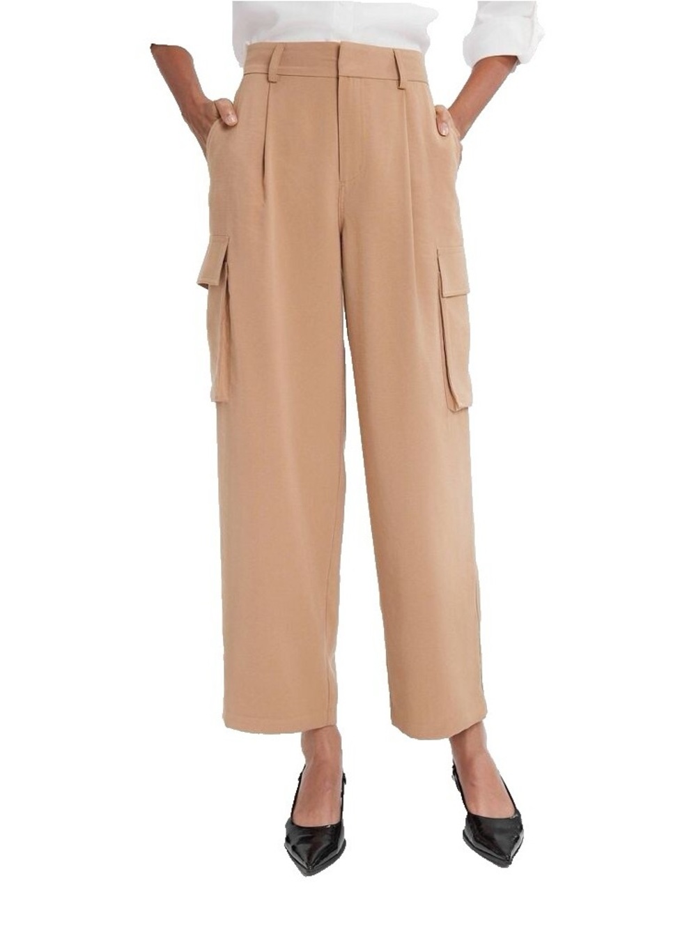 a new day Pleated Front Ankle Length Camel Wide-Leg High Rise Cargo Trousers